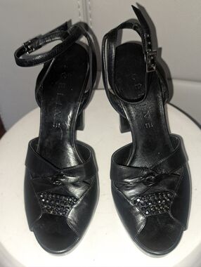 Celine Black Leather Open-Toe Ankle-Strap Heels with Stud Detail